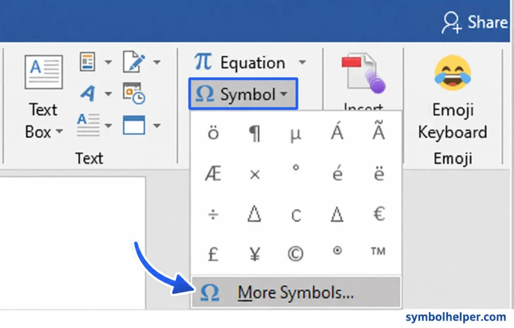 Word for Windows Insert ribbon with Symbol and More Symbols highlighted.