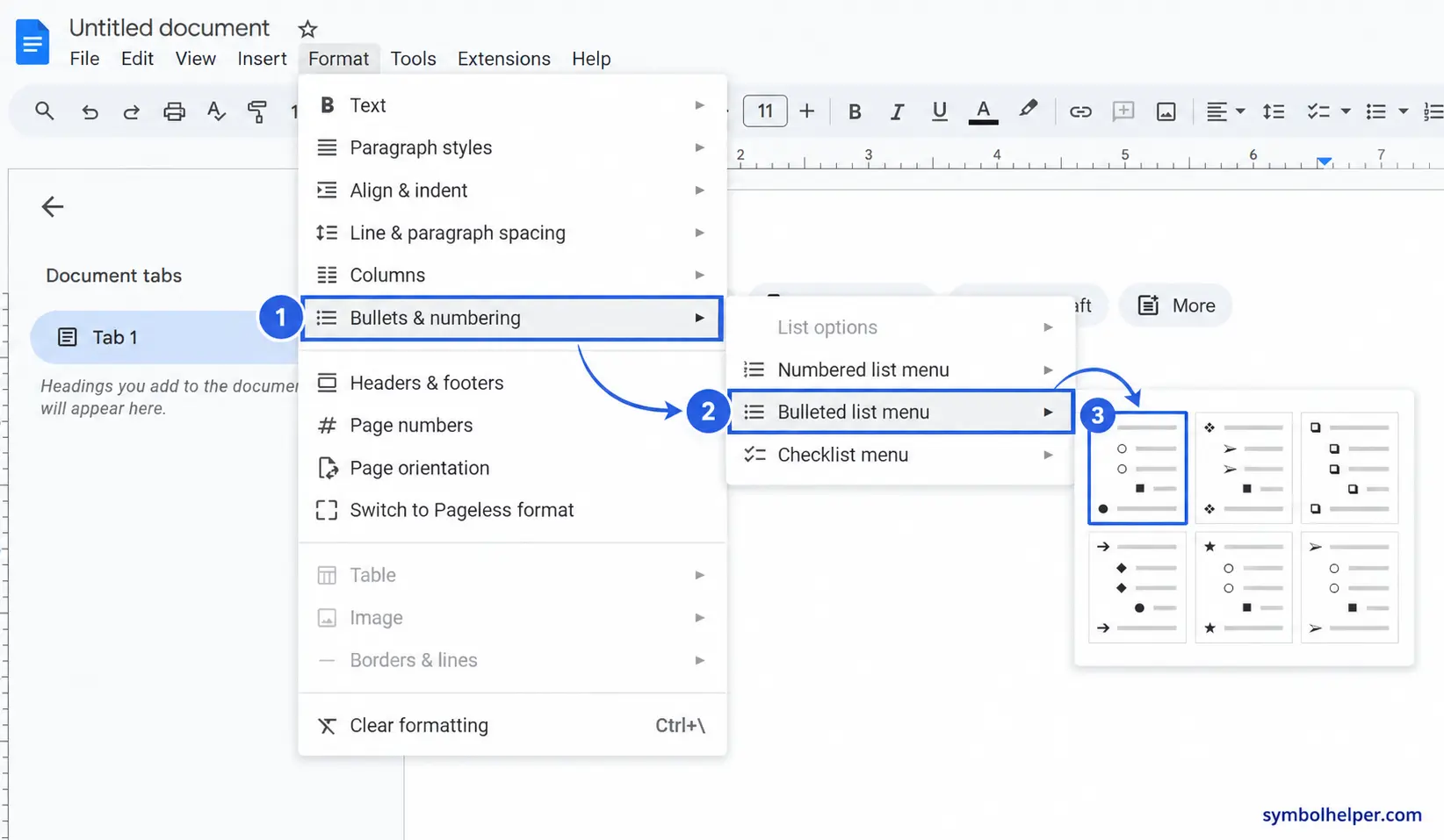 Google Docs Format menu showing Bullets and numbering, Bulleted list menu and a round-bullet list style.