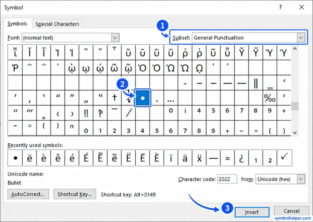 Word Symbol dialog showing General Punctuation, Unicode character code 2022 and the Insert button.