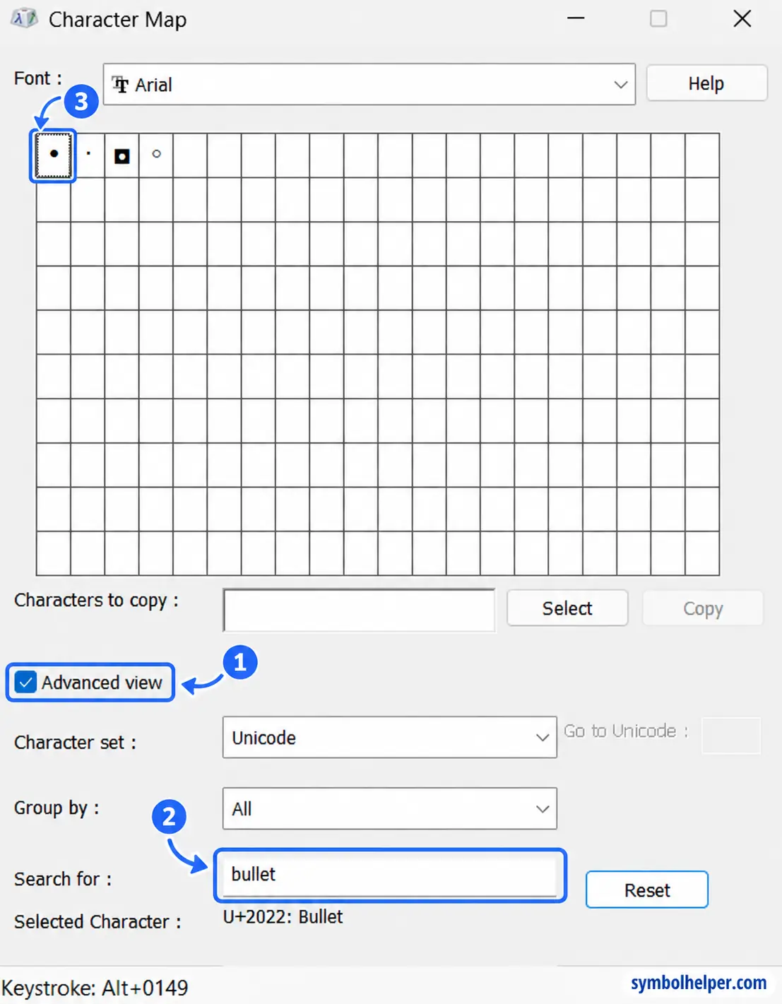 Character Map with Advanced view enabled, bullet search results and U+2022 Bullet selected.