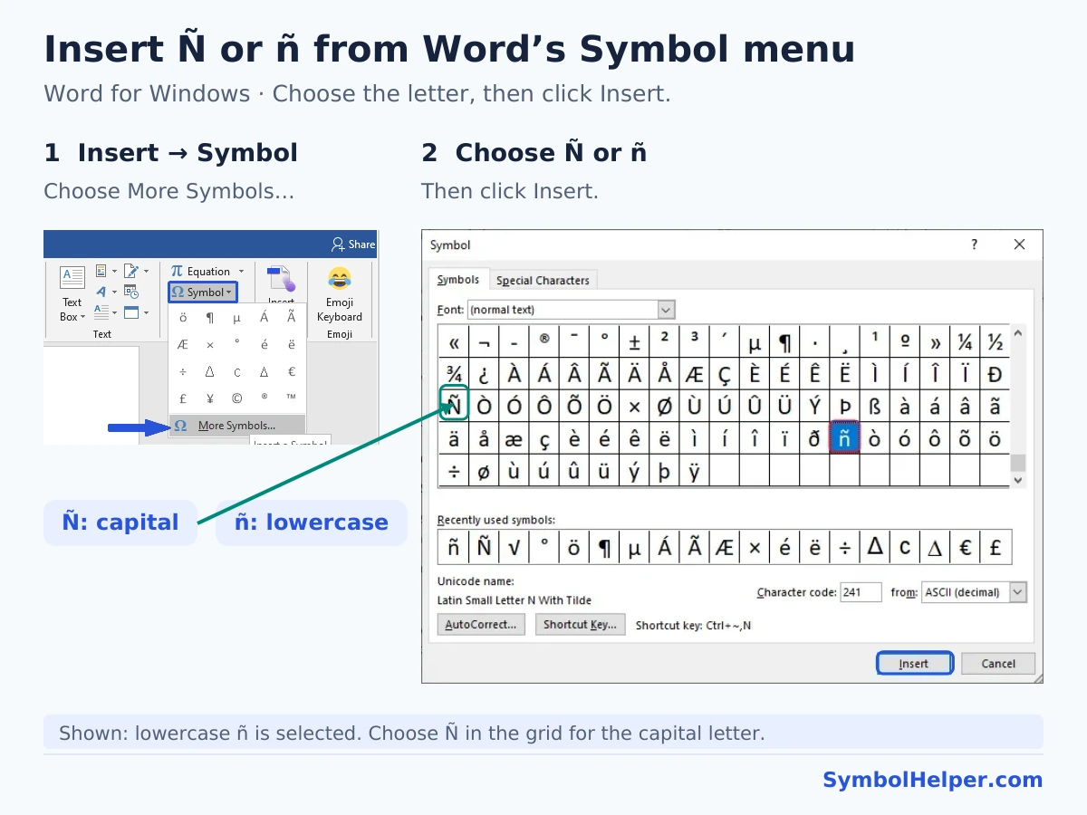 Word for Windows screenshots showing Symbol, More Symbols, the Ñ and ñ characters, and the Insert button.