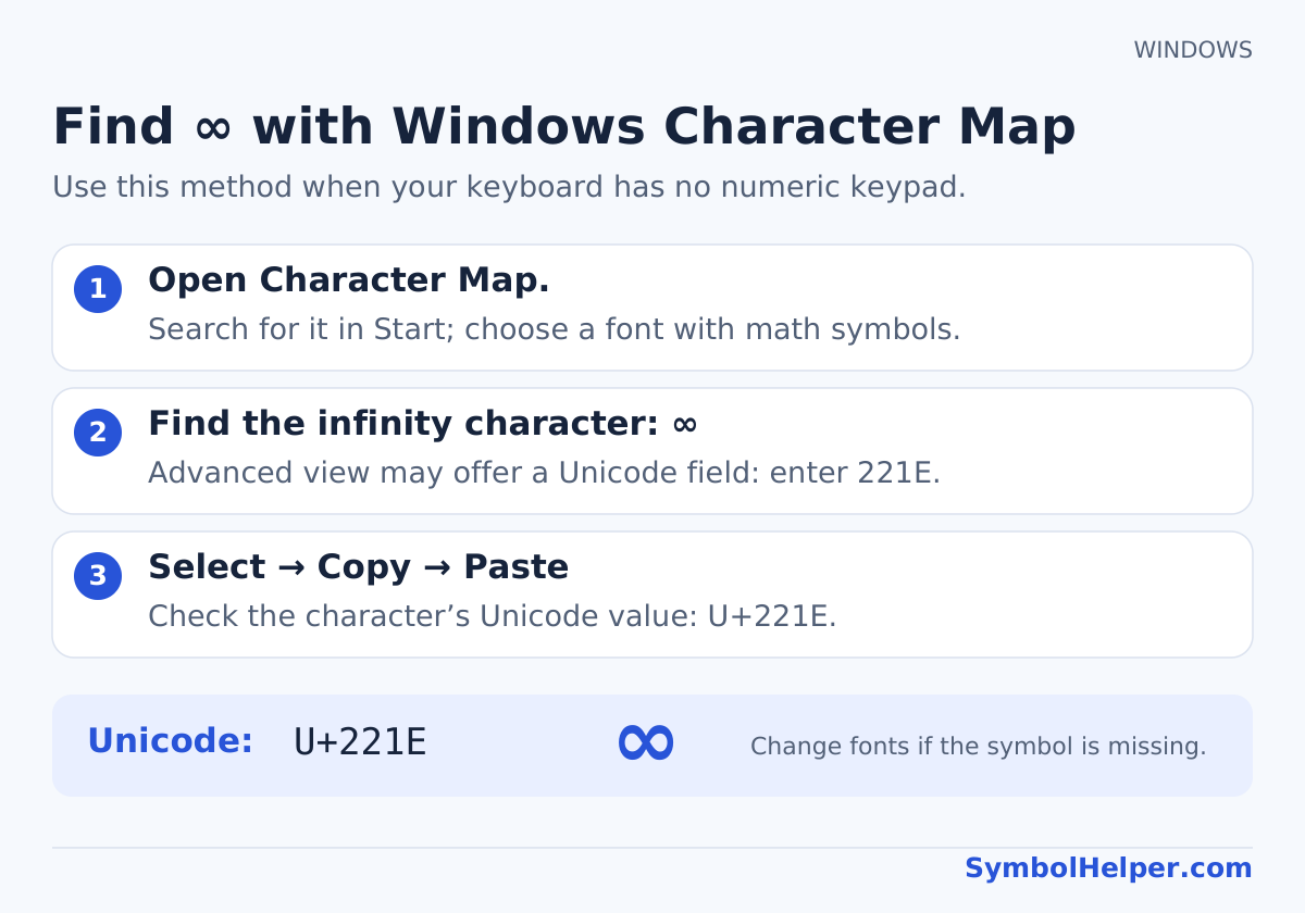 Windows Character Map: choose a font, find infinity with Unicode 221E when available, then select, copy, and paste.