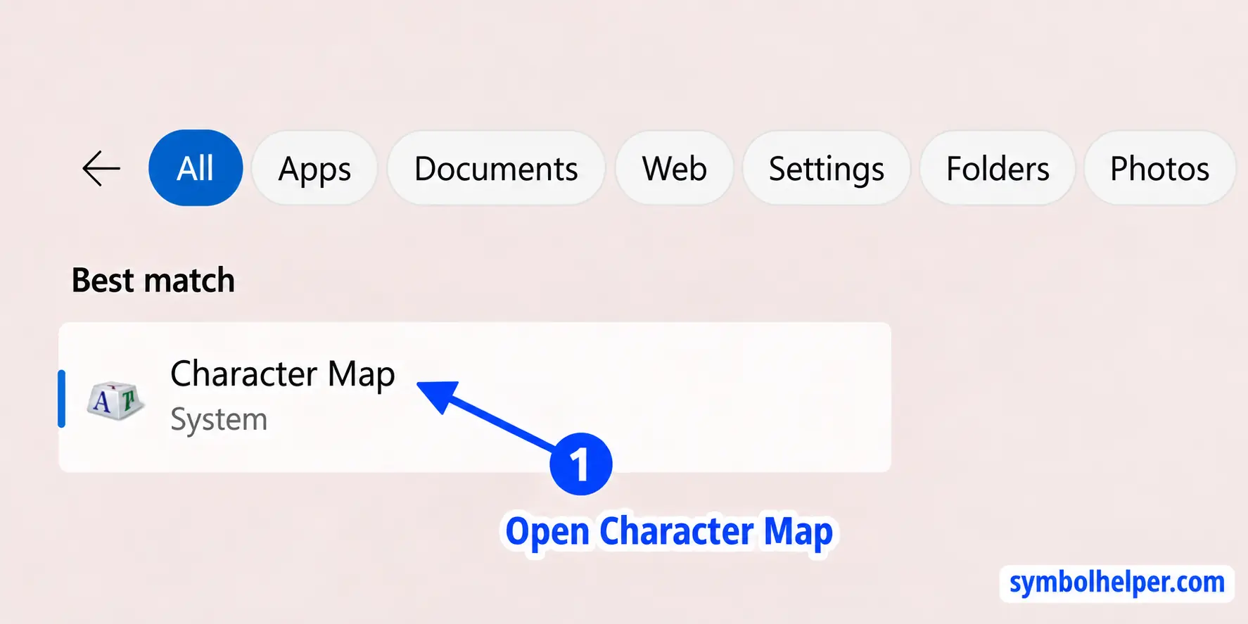 Windows search result for the Character Map app, highlighted with an arrow.