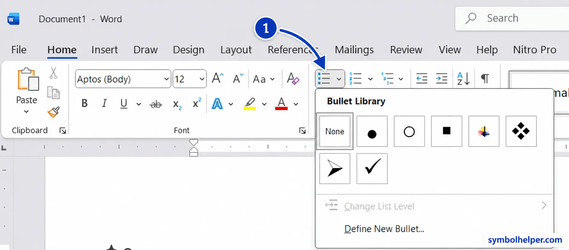 Word Home tab with the Bullets dropdown and Bullet Library open.